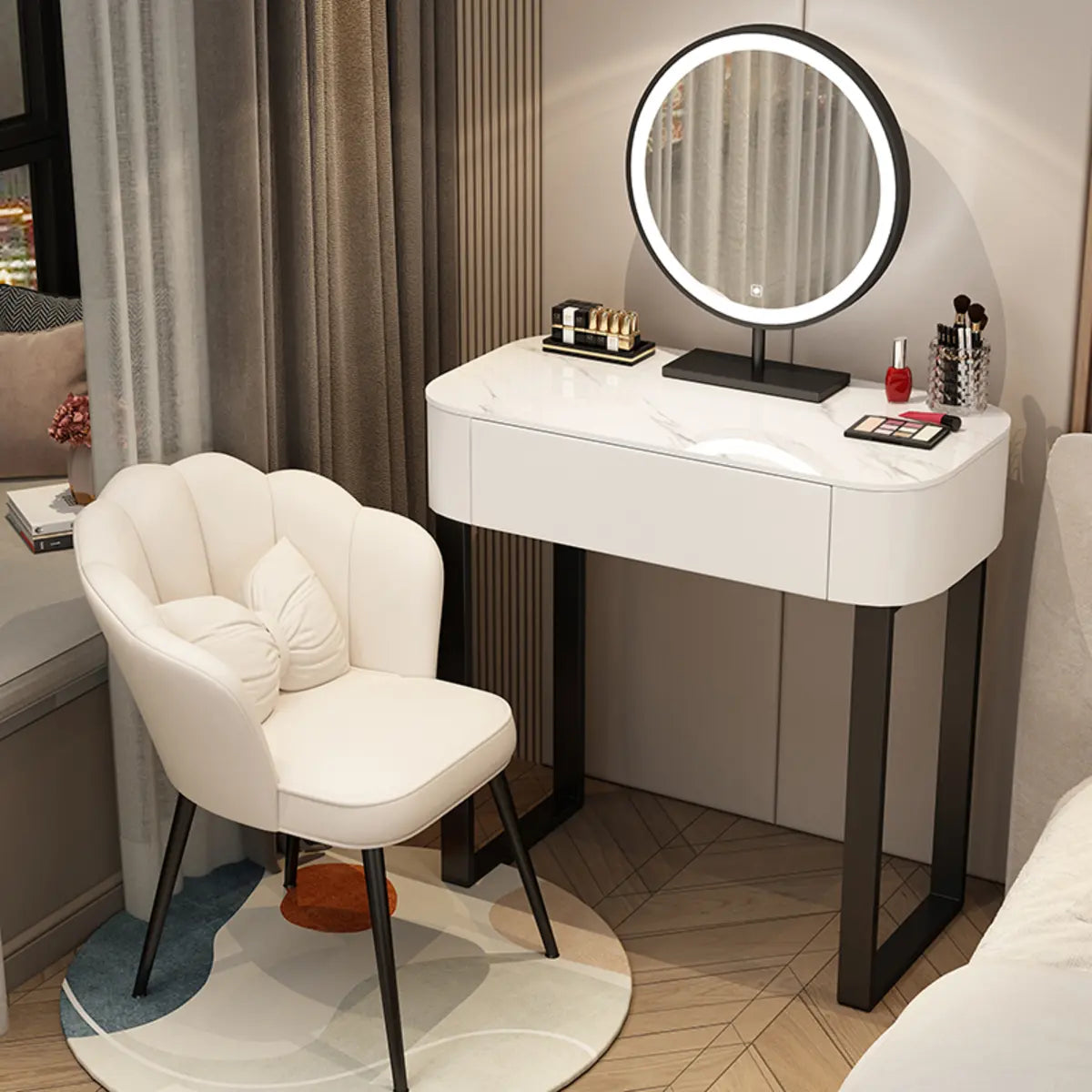 Contemporary White Makeup Vanity with LED Mirror — White / Makeup Vanity & Petal Chair