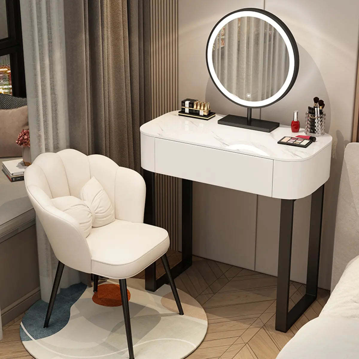 Contemporary White Makeup Vanity with LED Mirror — White / Makeup Vanity & Petal Chair