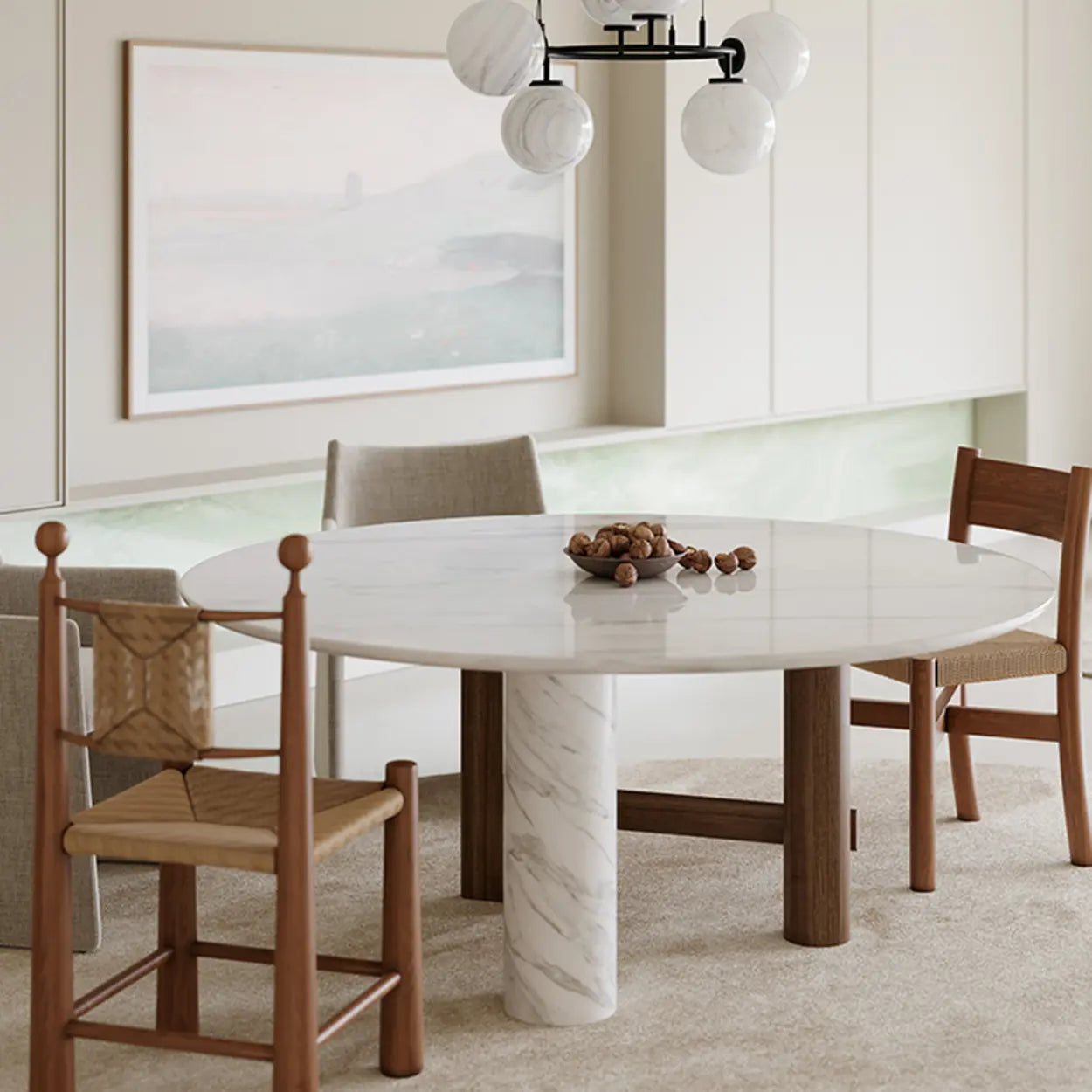 Contemporary White Stone Round Wood Leg Dining Table — Table Only