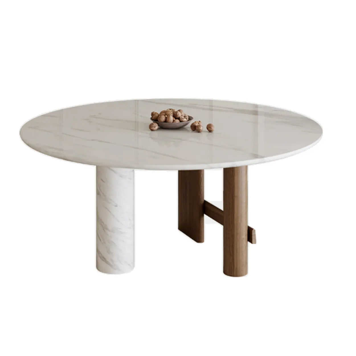 Contemporary White Stone Round Wood Leg Dining Table