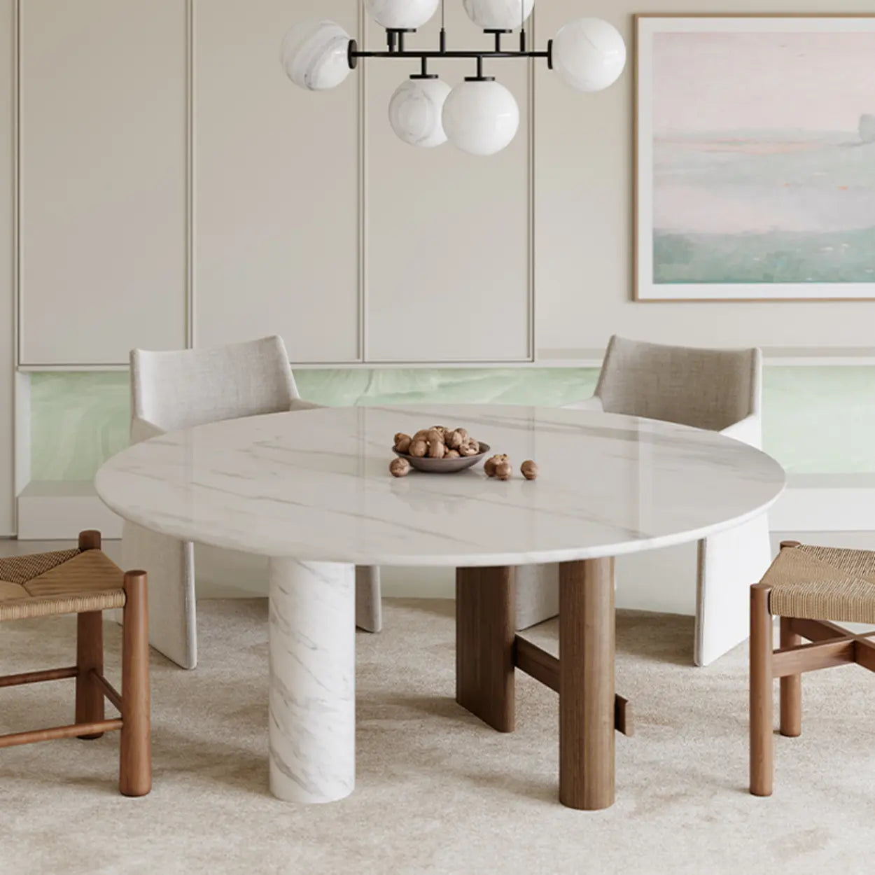 Contemporary White Stone Round Wood Leg Dining Table