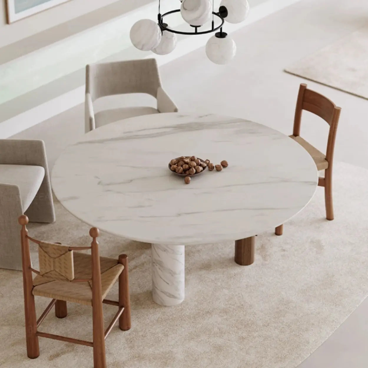 Contemporary White Stone Round Wood Leg Dining Table