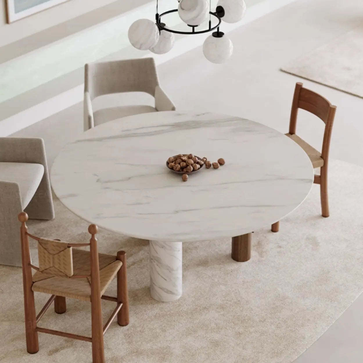 Contemporary White Stone Round Wood Leg Dining Table