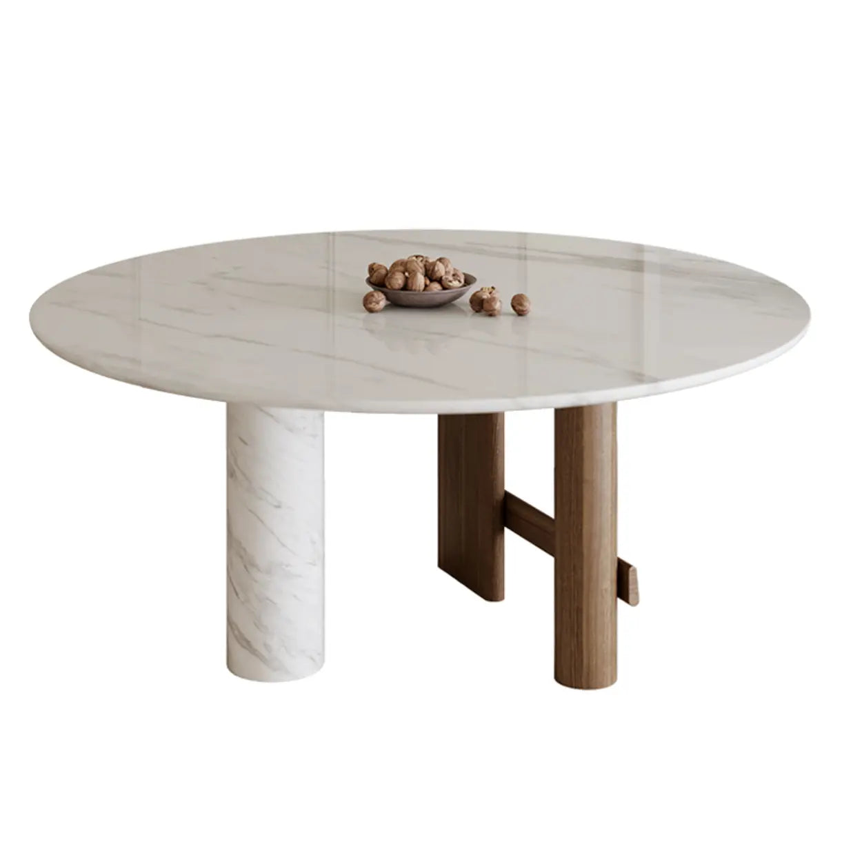 Contemporary White Stone Round Wood Leg Dining Table