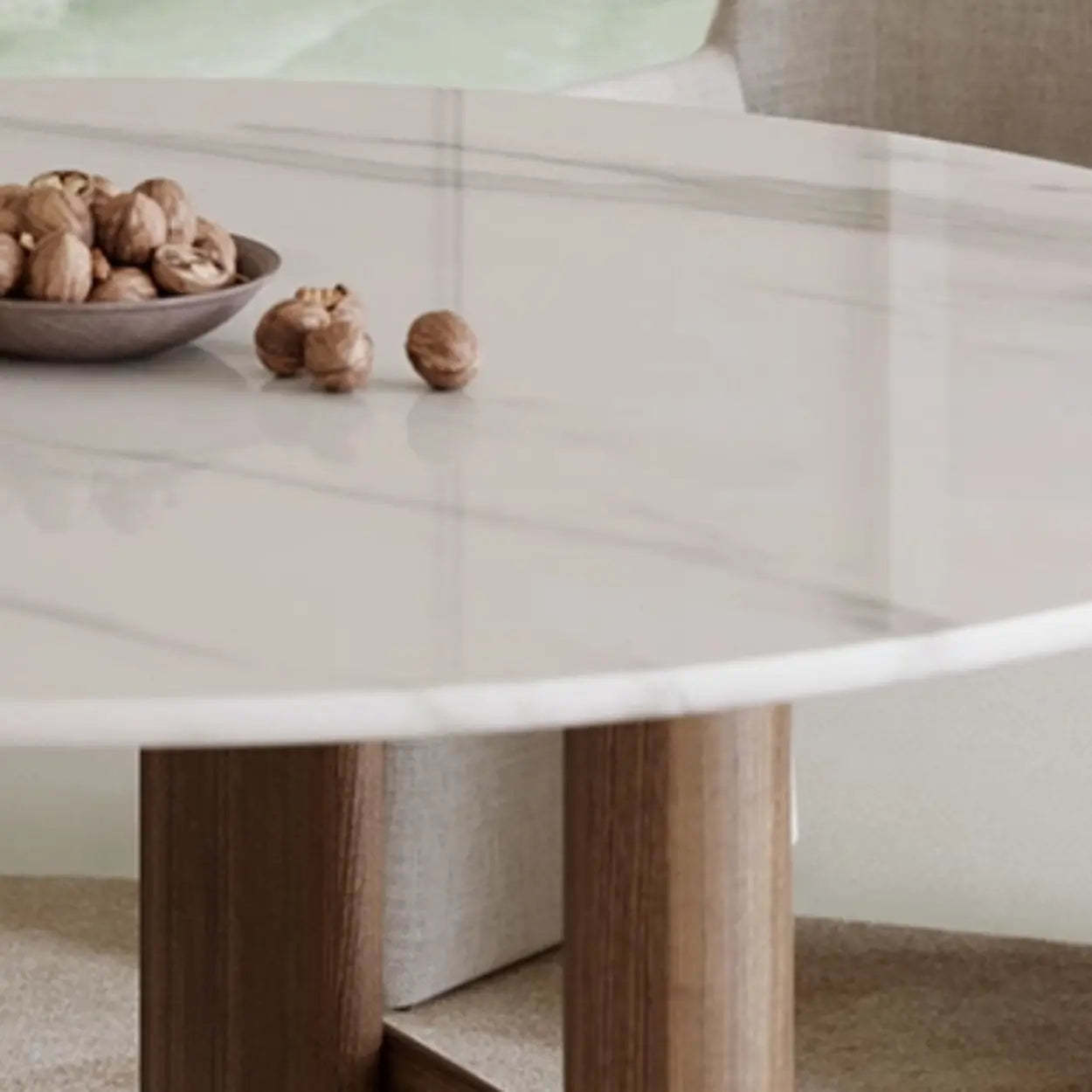 Contemporary White Stone Round Wood Leg Dining Table
