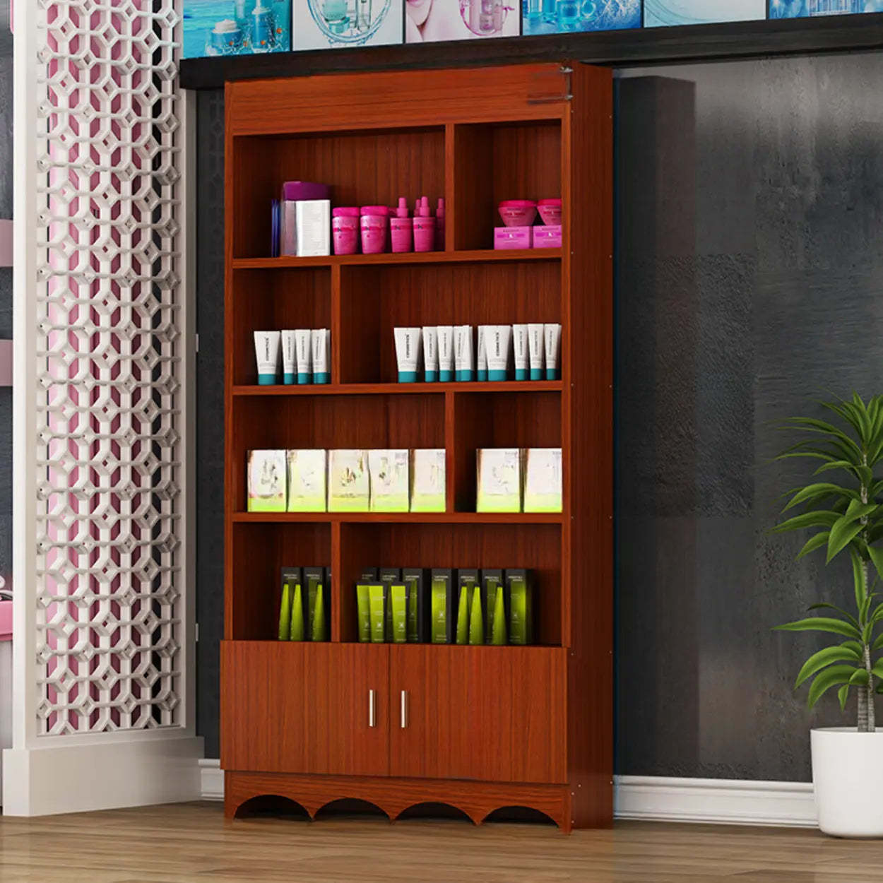 Contemporary Brown Wood Open Wine Cabinet
