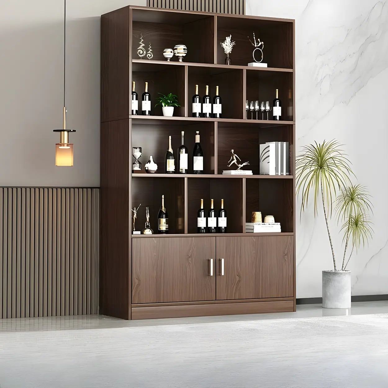 Contemporary Brown Wood Open Storage Wine Cabinet — White