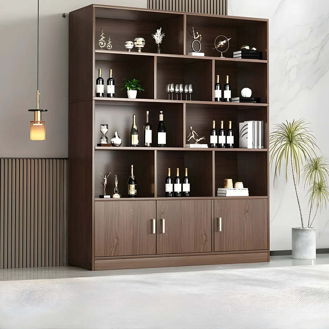 Contemporary Brown Wood Open Storage Wine Cabinet — White