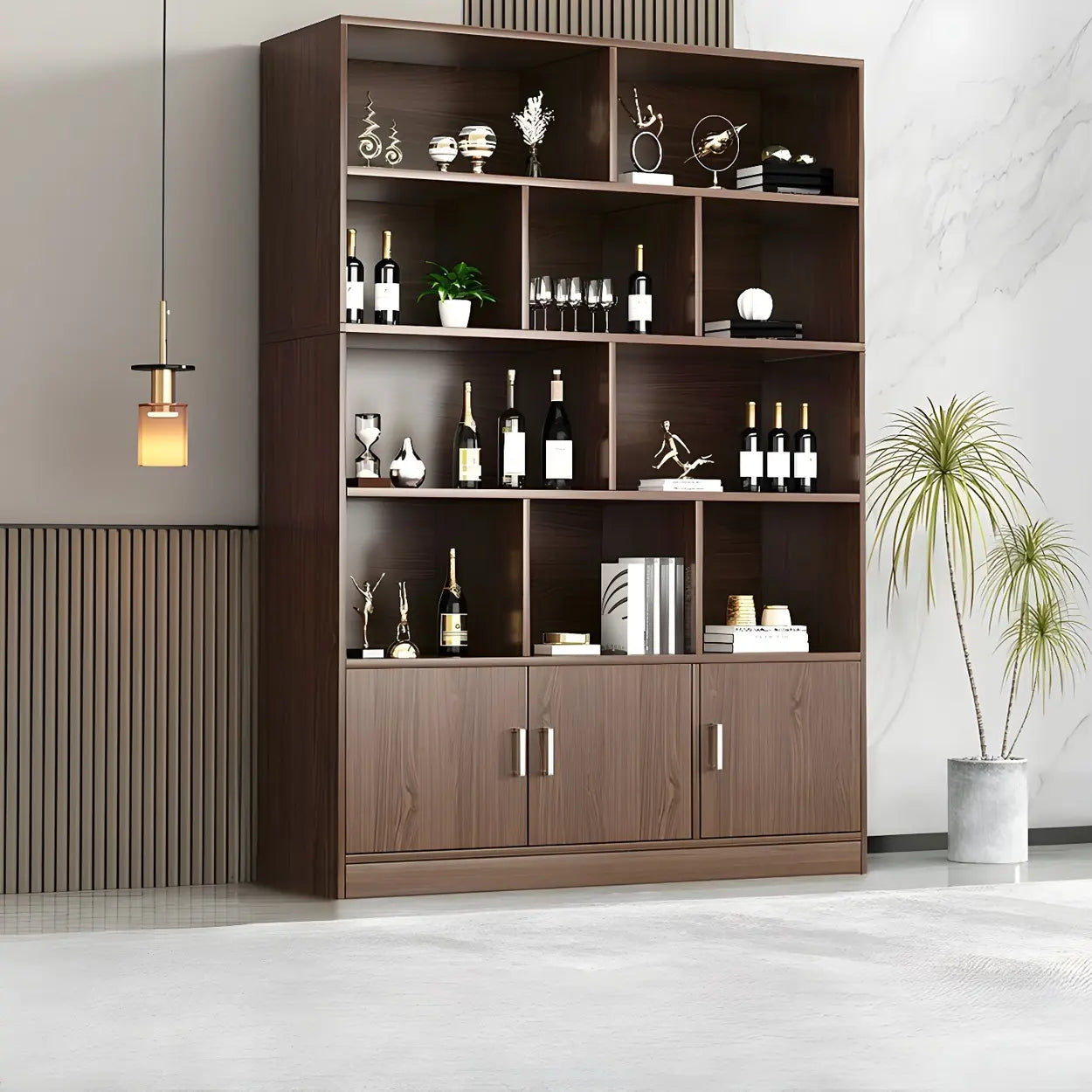Contemporary Brown Wood Open Storage Wine Cabinet — Oak