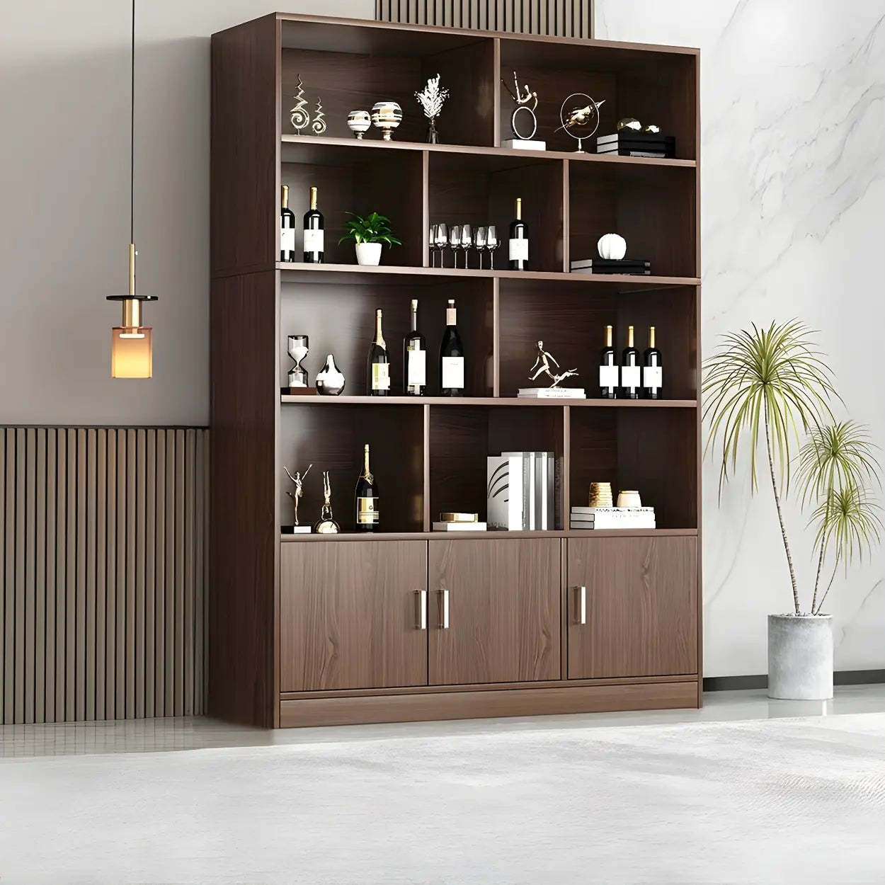 Contemporary Brown Wood Open Storage Wine Cabinet — Oak