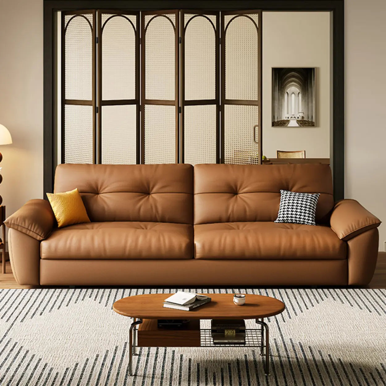 Convertible Brown Leather Tufted Storage Futon