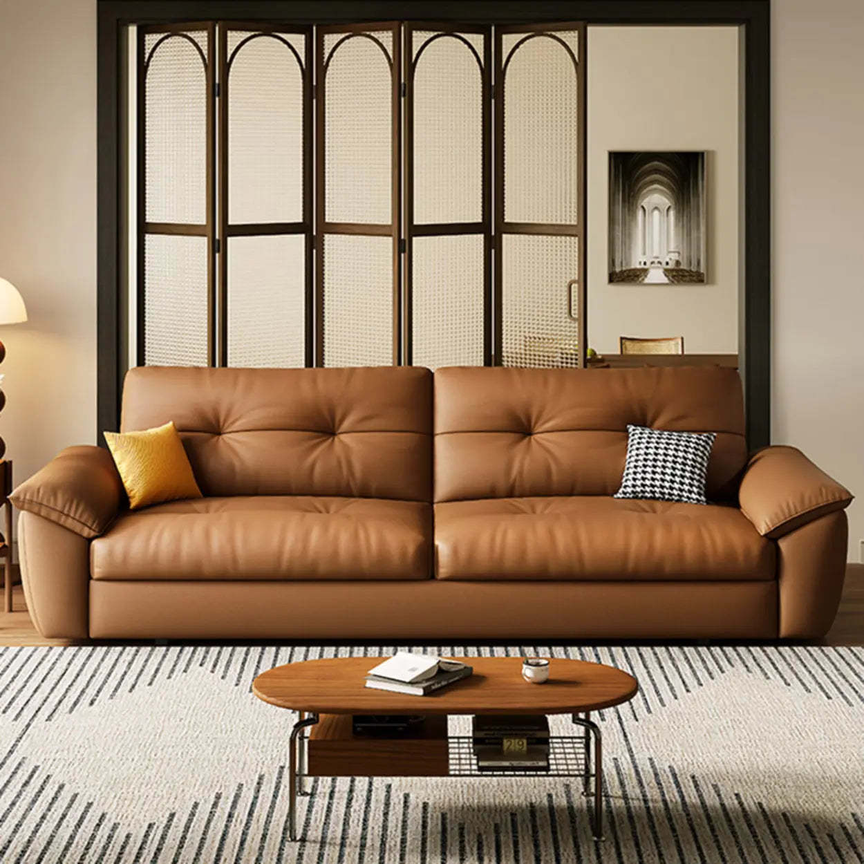 Convertible Brown Leather Tufted Storage Futon — Storage Included