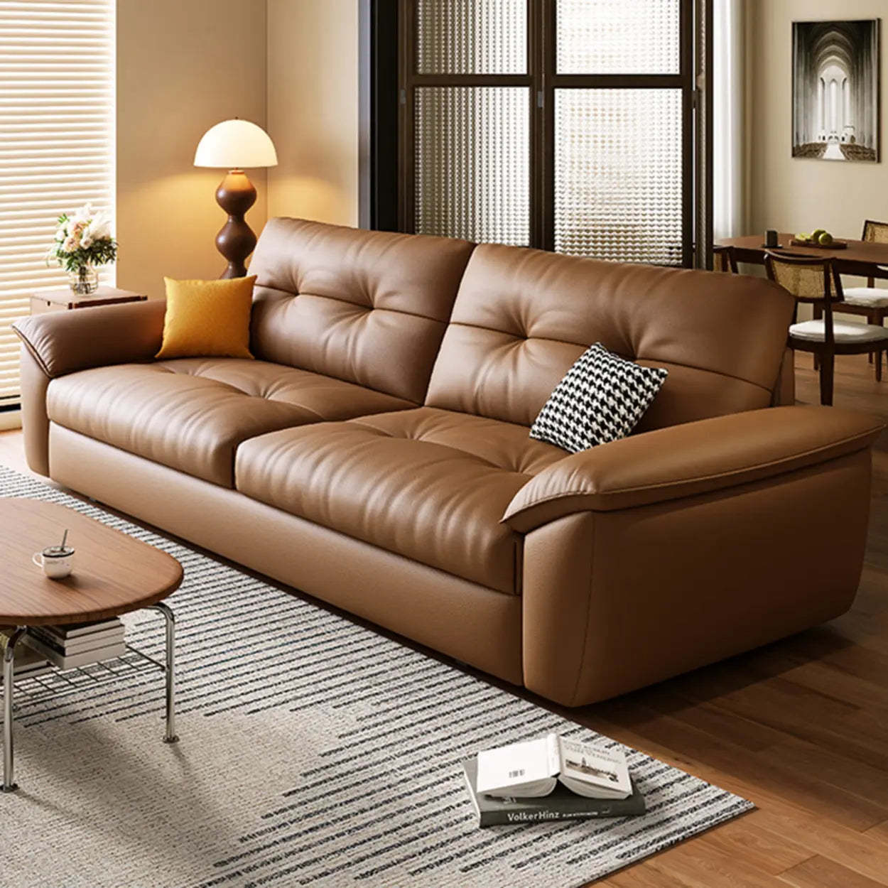 Convertible Brown Leather Tufted Storage Futon — Storage Included