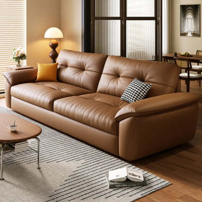 Convertible Brown Leather Tufted Storage Futon — Storage Included