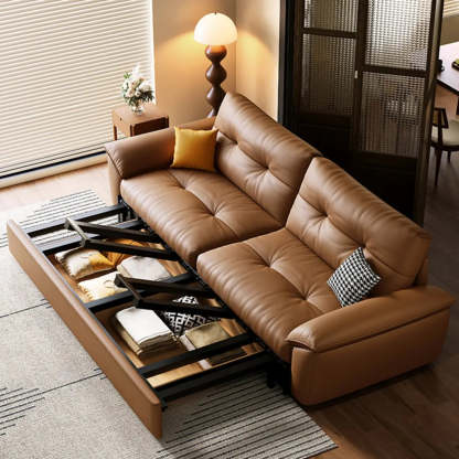 Convertible Brown Leather Tufted Storage Futon — Storage Included