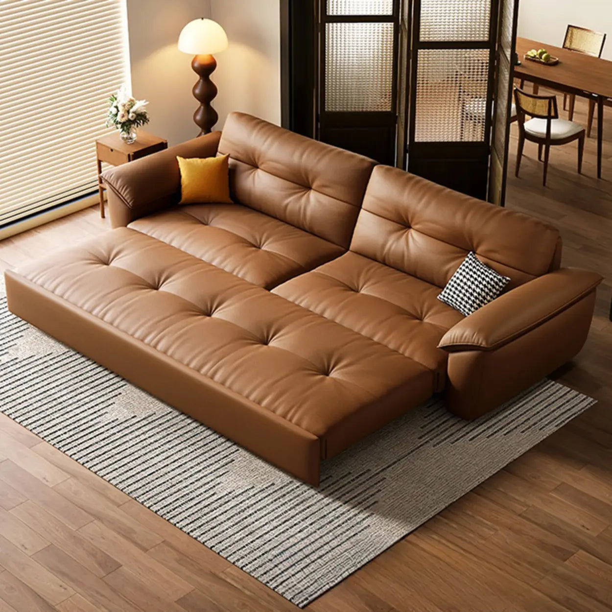 Convertible Brown Leather Tufted Storage Futon — Storage Not Included