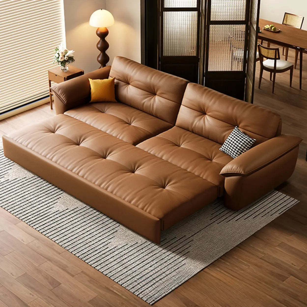 Convertible Brown Leather Tufted Storage Futon — Storage Not Included