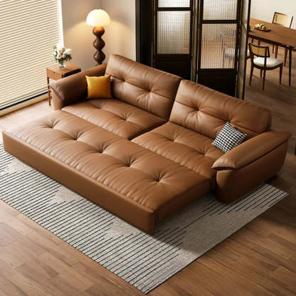 Convertible Brown Leather Tufted Storage Futon — Storage Not Included