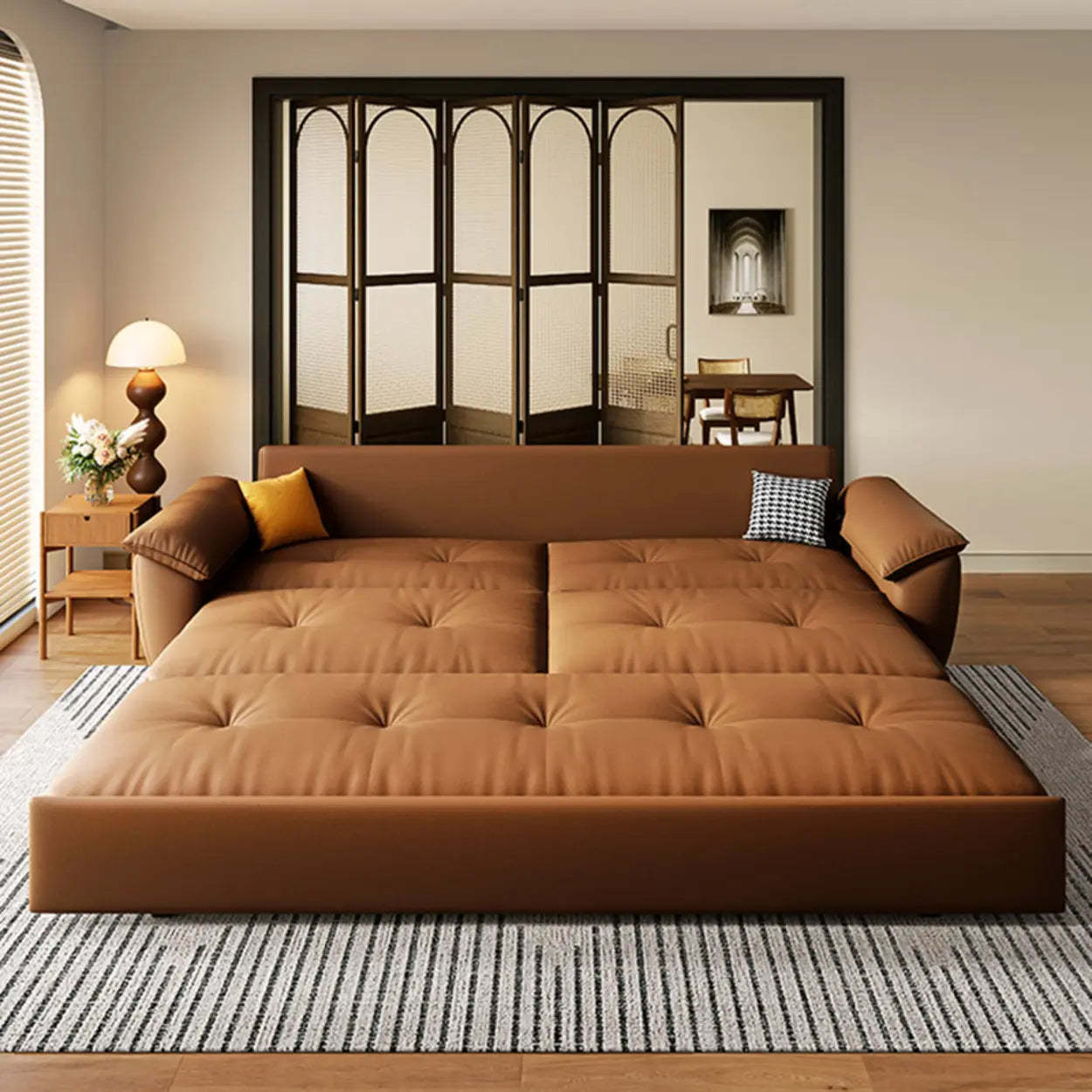 Convertible Brown Leather Tufted Storage Futon — Storage Not Included