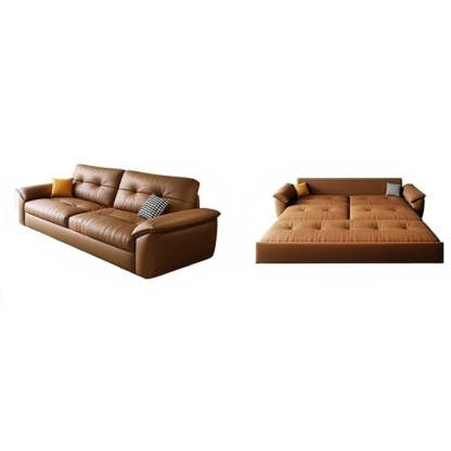 Convertible Brown Leather Tufted Storage Futon