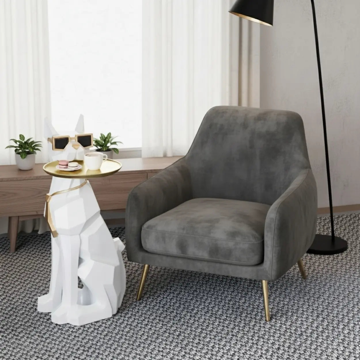 Modern dog-shape tray coffee tables in metal — White