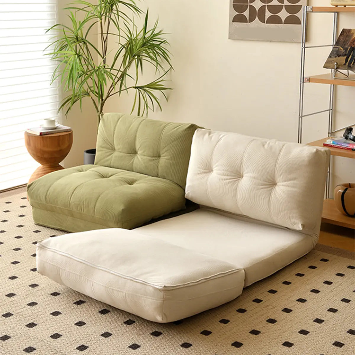 Corduroy Tufted Back Metal Frame Convertible Chair — Beige / Corduroy