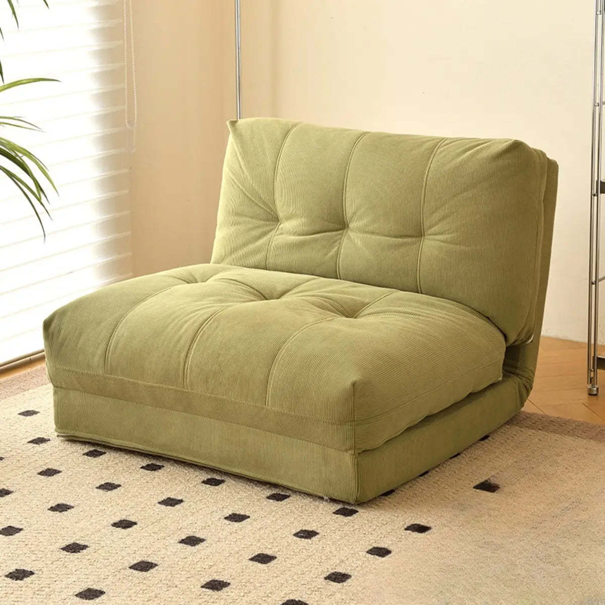 Corduroy Tufted Back Metal Frame Convertible Chair — Matcha Green / Corduroy