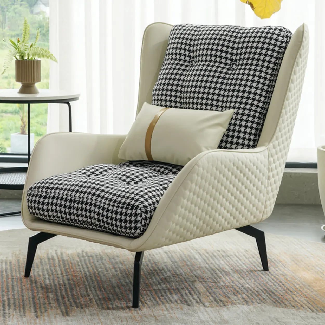 Biscuit Back Flared Arm Tufted Accent Chair — White-Black / Accent Chair / Cotton and Linen