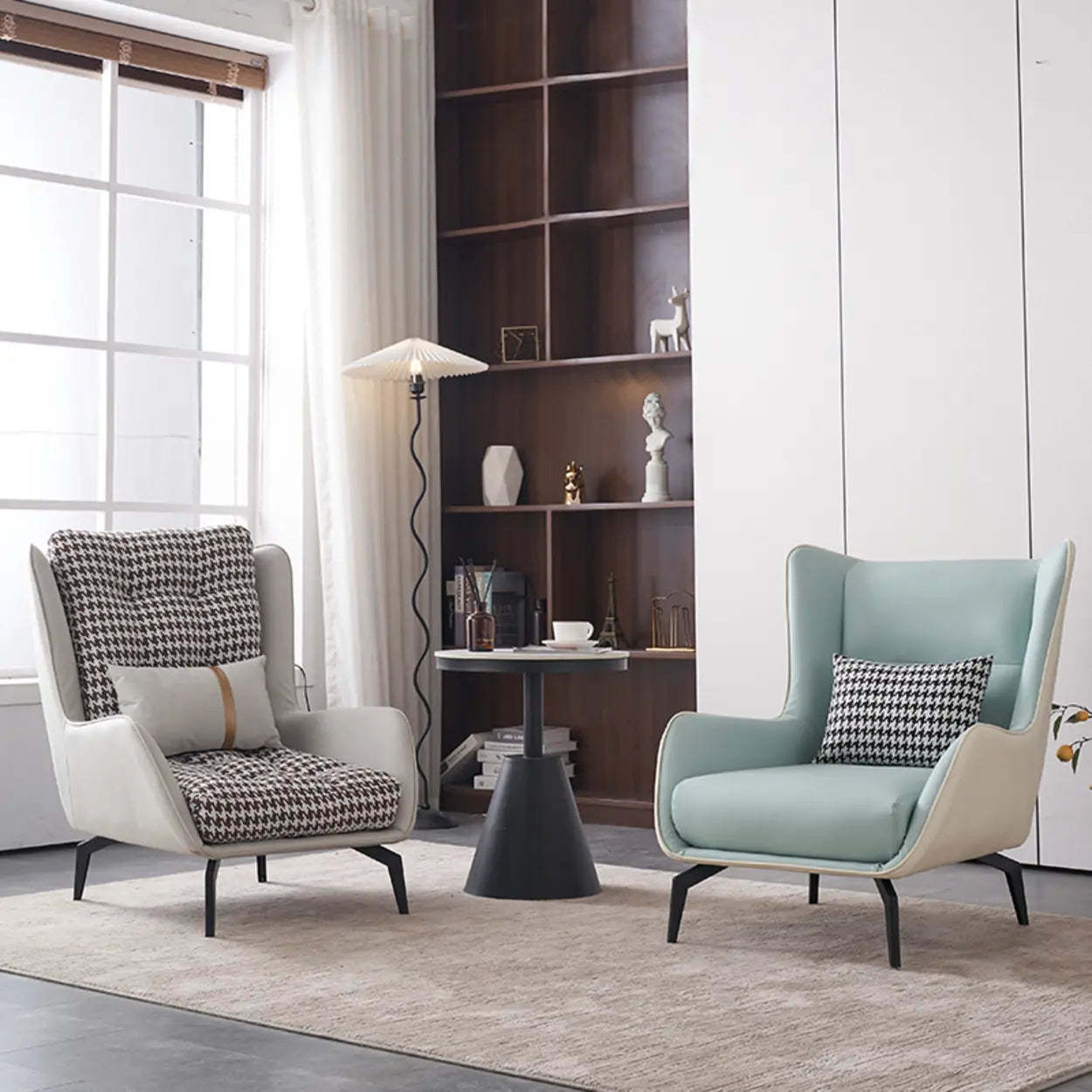 Biscuit Back Flared Arm Tufted Accent Chair — Beige Houndstooth / Accent Chair / Cotton and Linen