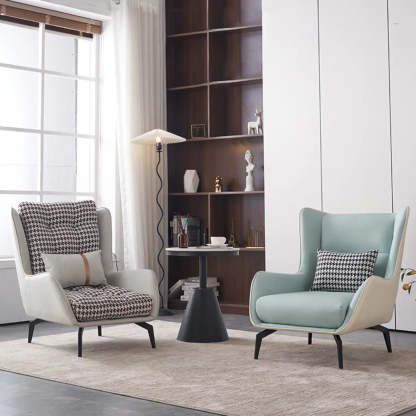 Biscuit Back Flared Arm Tufted Accent Chair — Beige Houndstooth / Accent Chair / Cotton and Linen