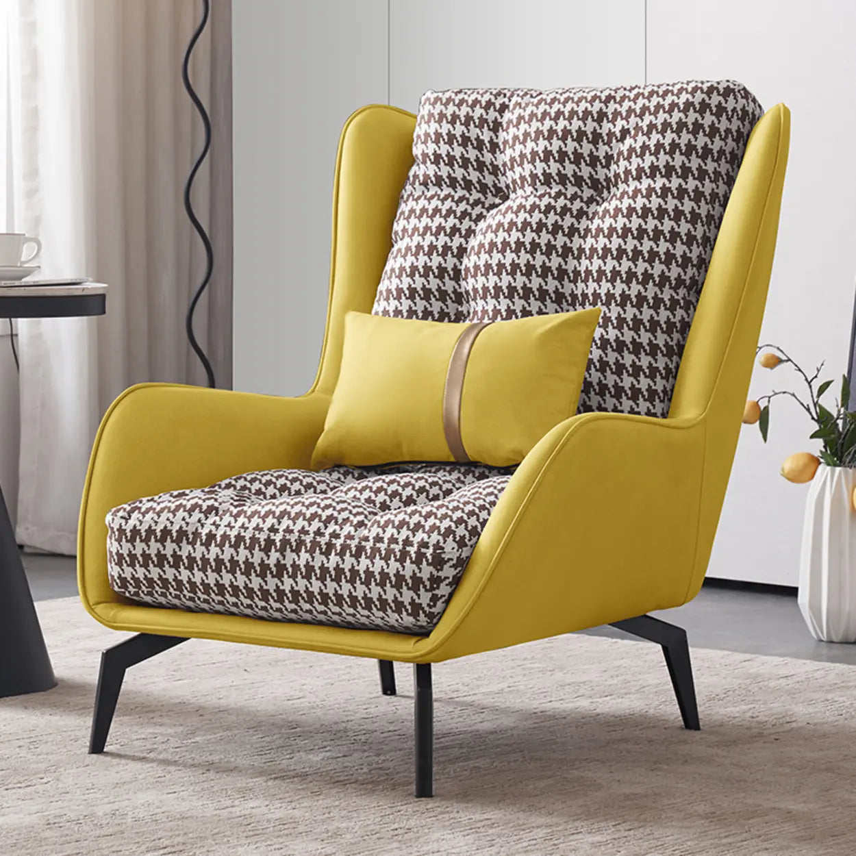 Biscuit Back Flared Arm Tufted Accent Chair — Beige Houndstooth / Accent Chair with Ottoman / Cotton and Linen