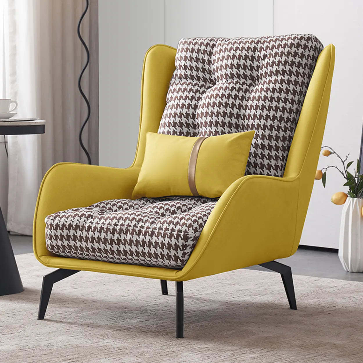 Biscuit Back Flared Arm Tufted Accent Chair — Beige Houndstooth / Accent Chair with Ottoman / Cotton and Linen