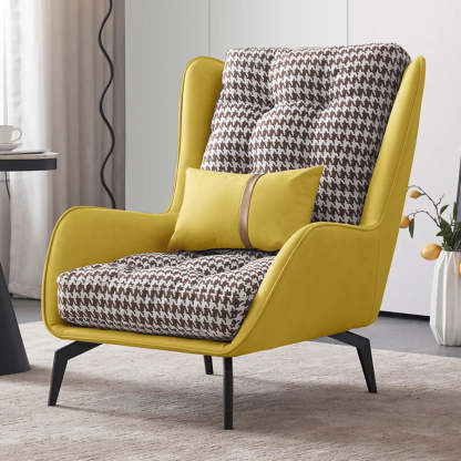 Biscuit Back Flared Arm Tufted Accent Chair — Beige Houndstooth / Accent Chair with Ottoman / Cotton and Linen