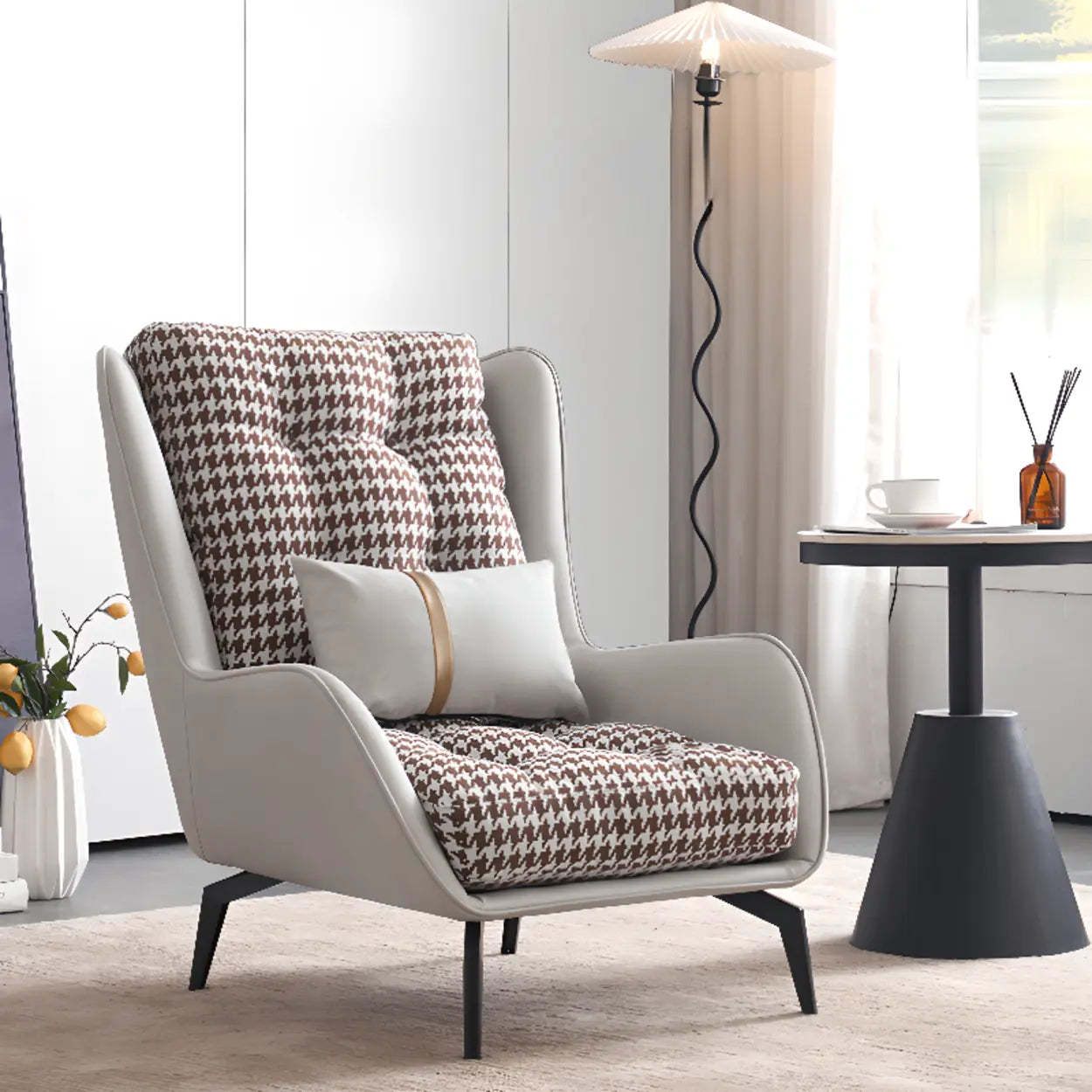 Biscuit Back Flared Arm Tufted Accent Chair — Beige/ Black / Accent Chair / Cotton and Linen