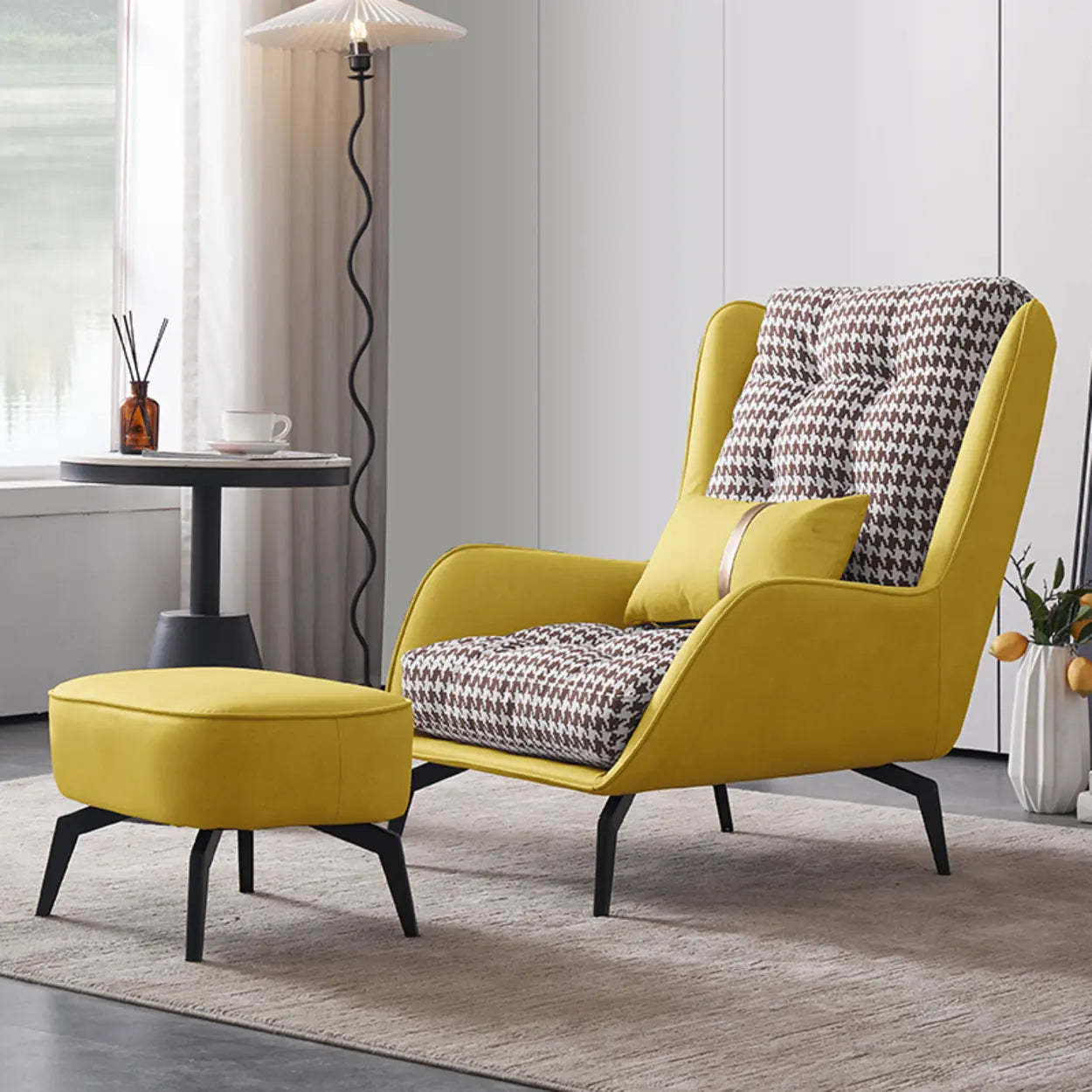 Biscuit Back Flared Arm Tufted Accent Chair — Coffee Houndstooth / Accent Chair with Ottoman / Cotton and Linen
