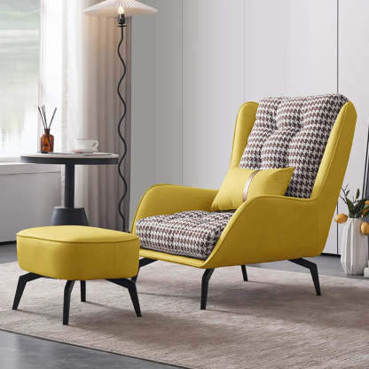 Biscuit Back Flared Arm Tufted Accent Chair — Coffee Houndstooth / Accent Chair with Ottoman / Cotton and Linen