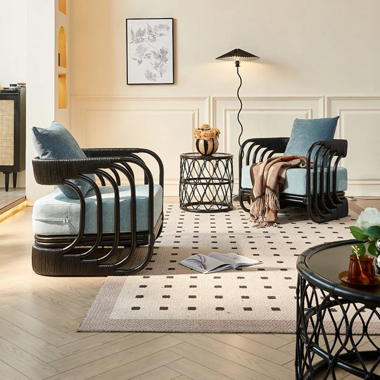 Natural modern wicker square-arm accent chairs