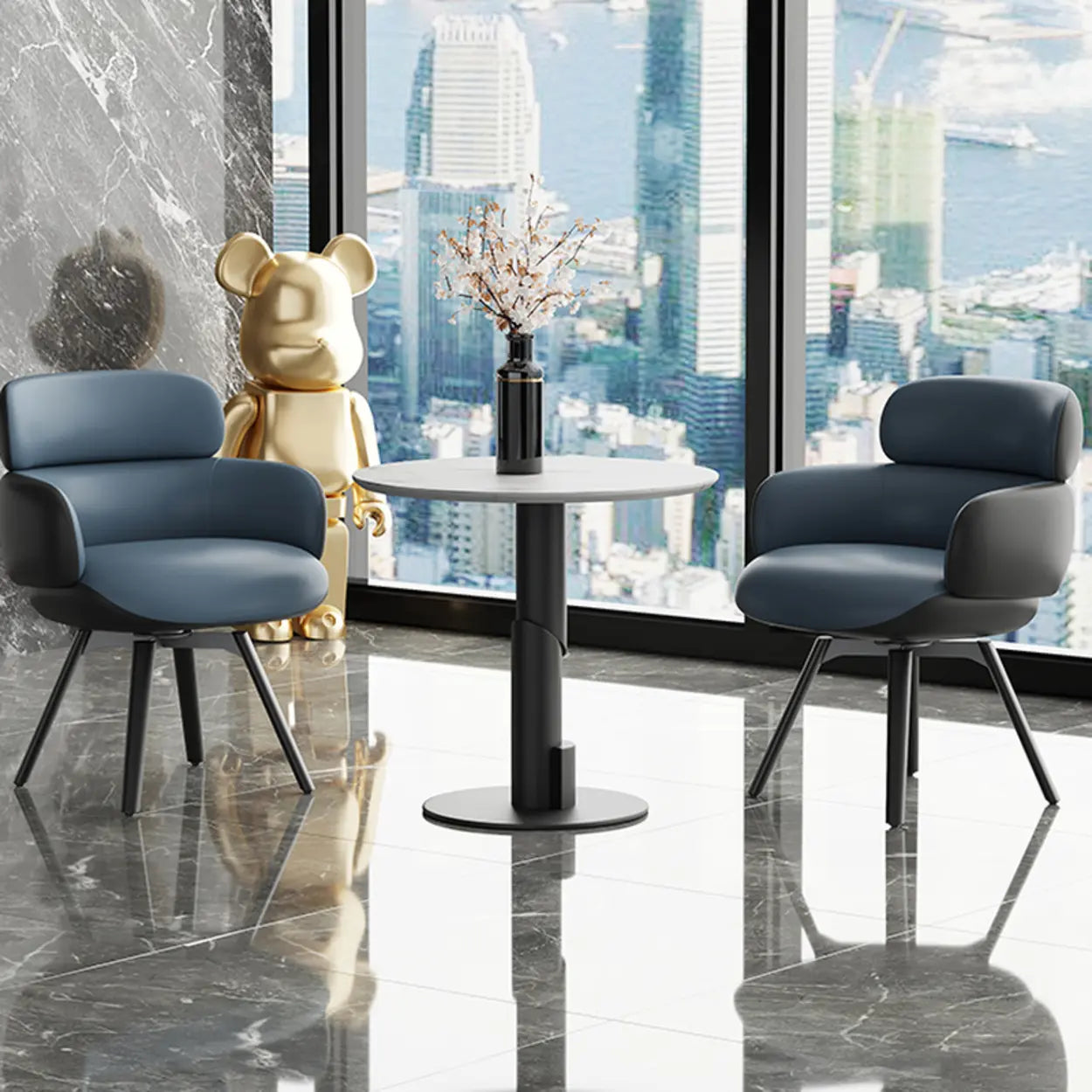Blue Gray Cozy Solid-Back Leather Dining Chair