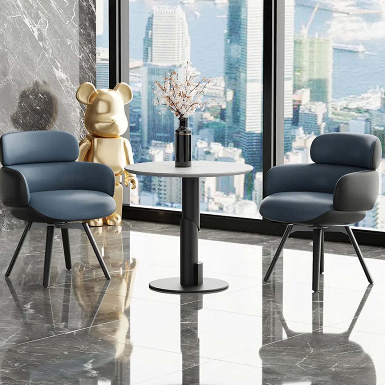 Blue Gray Cozy Solid-Back Leather Dining Chair — Black