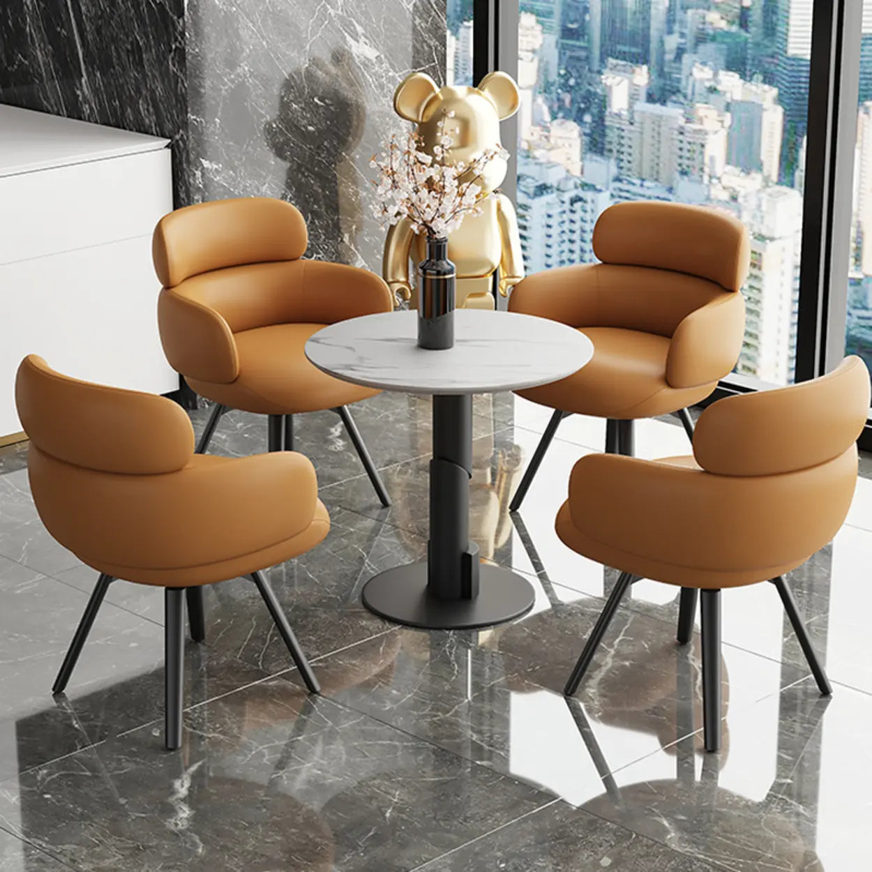 Blue Gray Cozy Solid-Back Leather Dining Chair — Orange/ Brown