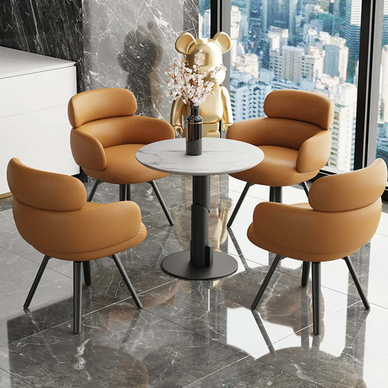 Blue Gray Cozy Solid-Back Leather Dining Chair — Orange/ Brown