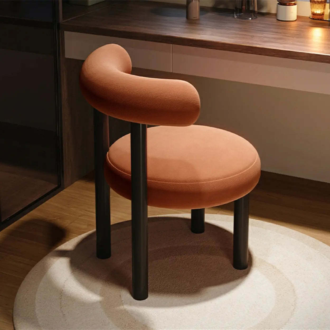 Cream Upholstered Metal Vanity Stool with Arc Back