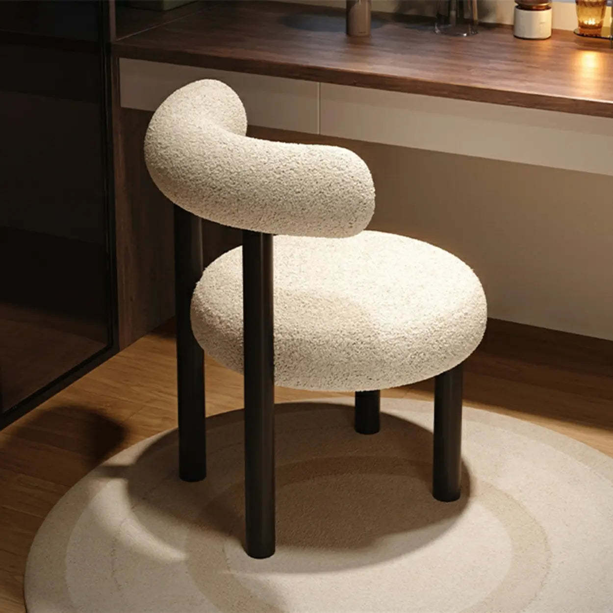 Cream Upholstered Metal Vanity Stool with Arc Back — Cream White / 1 Piece