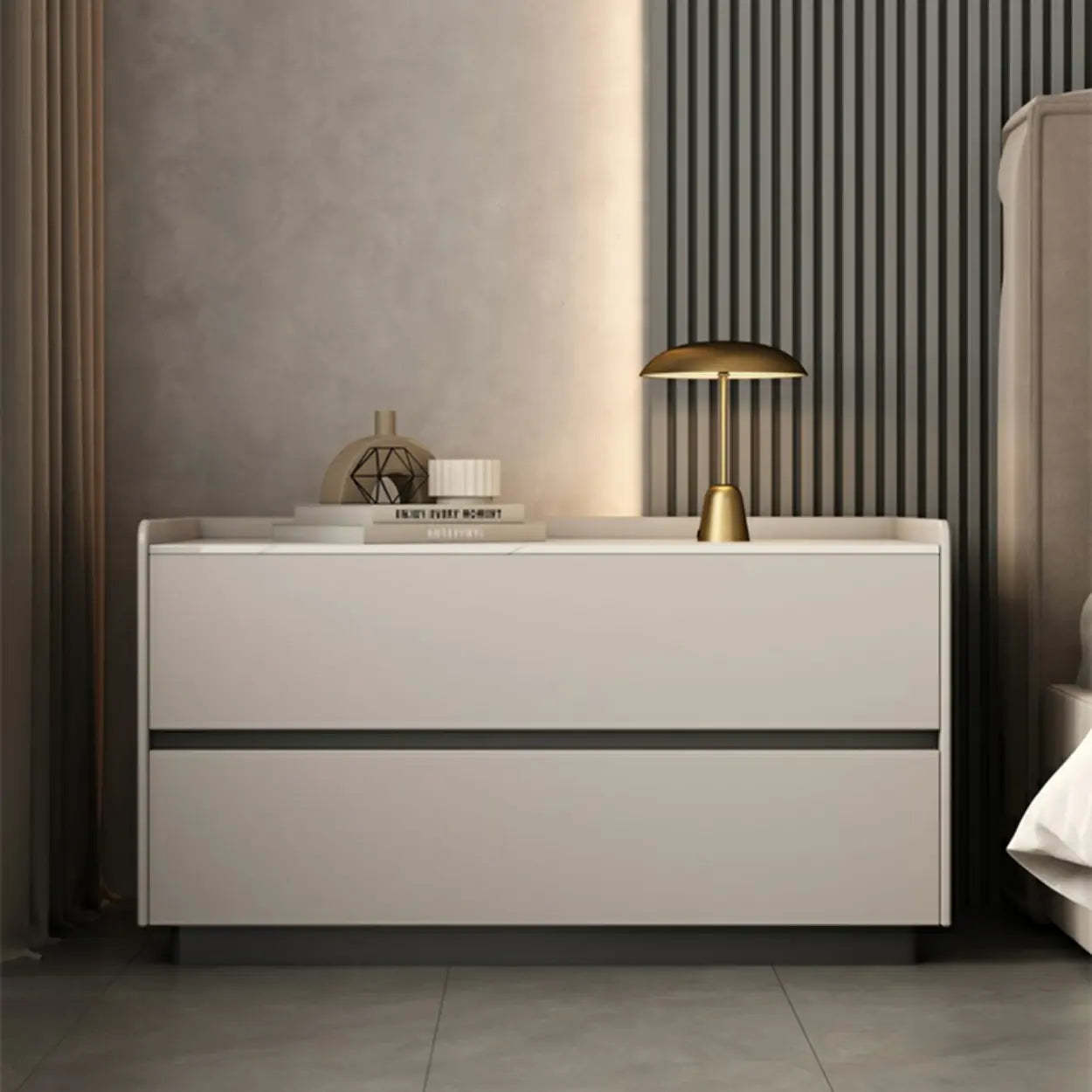 Cream Rectangular Faux Leather Storage Nightstand — Off-White / 1 Piece