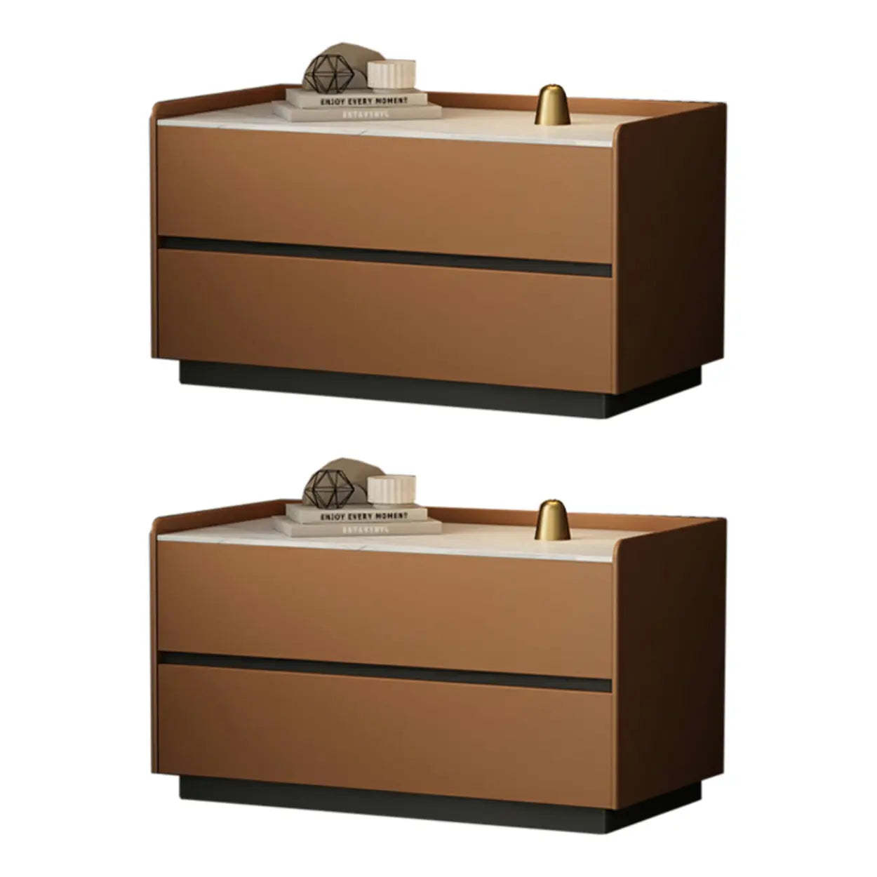 Cream Rectangular Faux Leather Storage Nightstand — Off-White / 2 Piece Set
