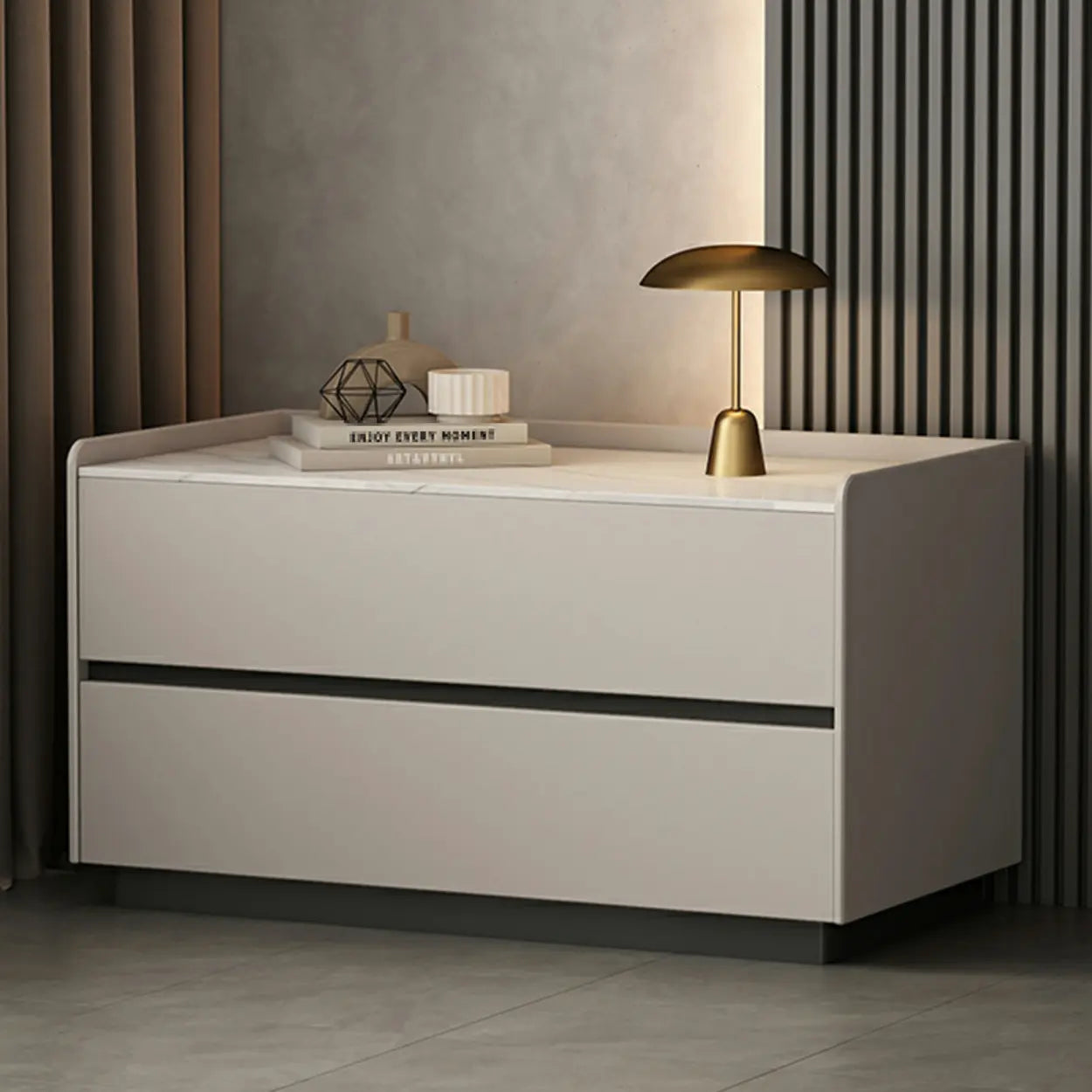Cream Rectangular Faux Leather Storage Nightstand — Off-White / 2 Piece Set