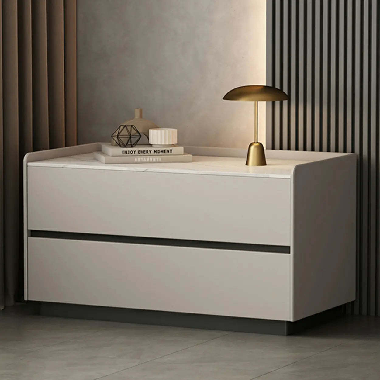 Cream Rectangular Faux Leather Storage Nightstand — Off-White / 2 Piece Set