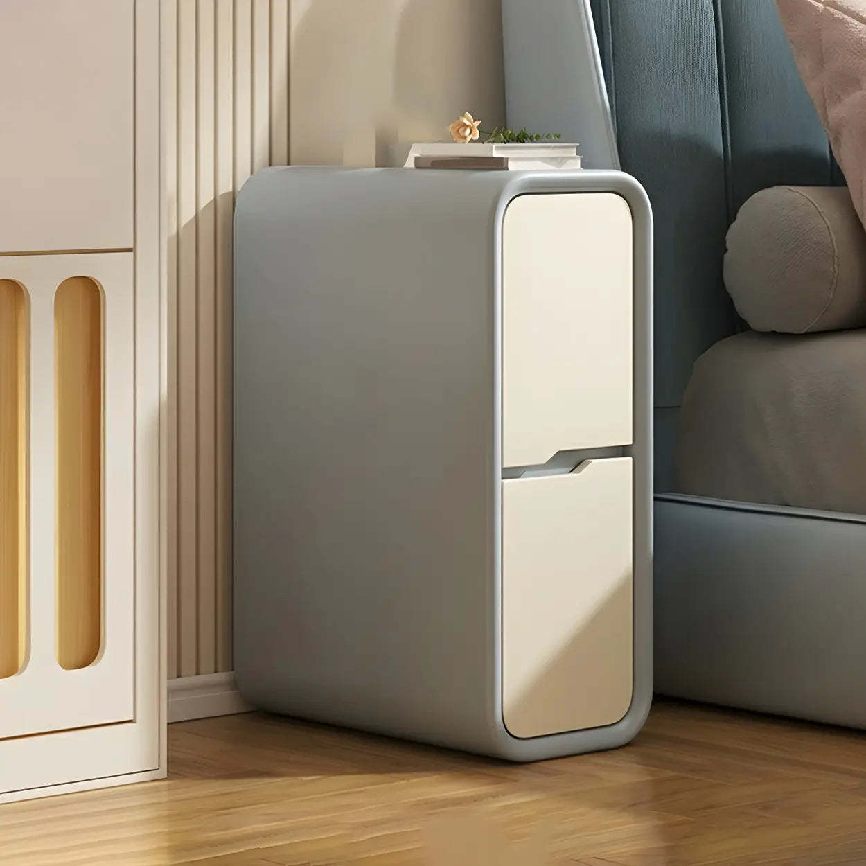 Cream Rounded Wood Faux Leather Multifunctional Nightstand — Gray Blue / 2 Piece Set