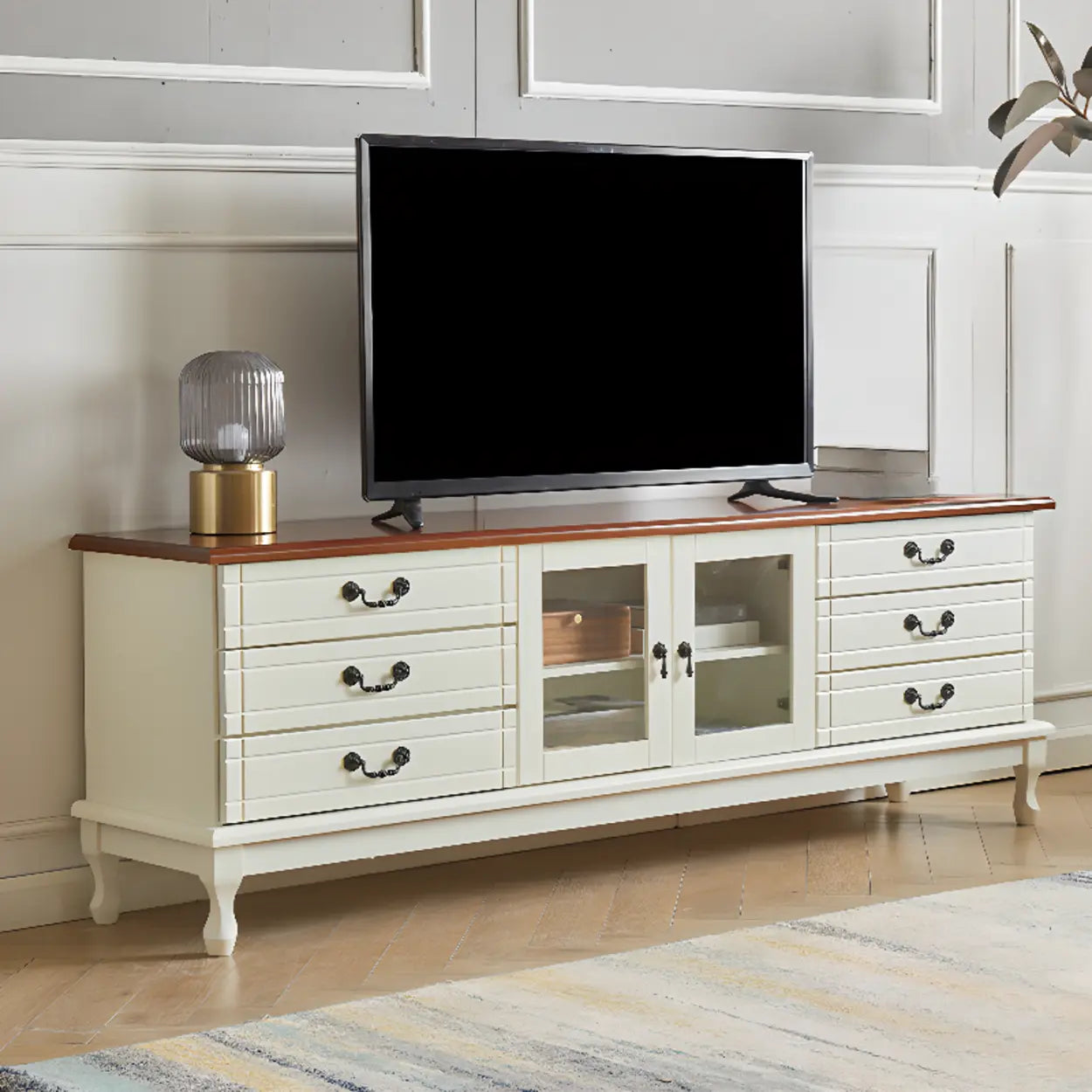 Cream Wood Rectangular TV Stand with Drawers