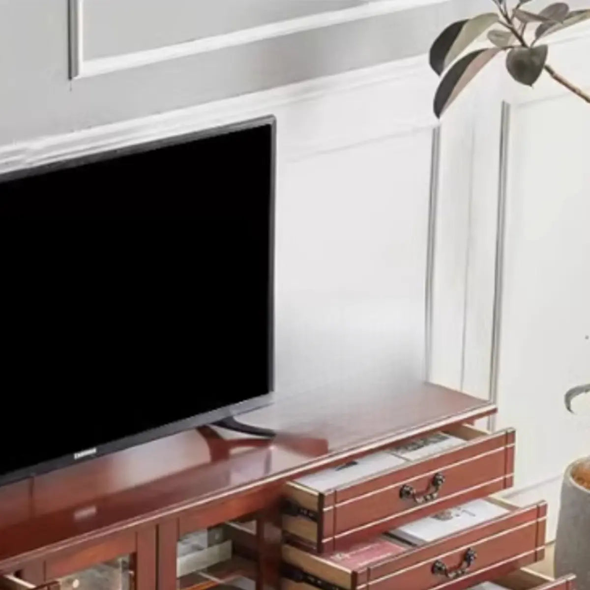 Cream Wood Rectangular TV Stand with Drawers — White